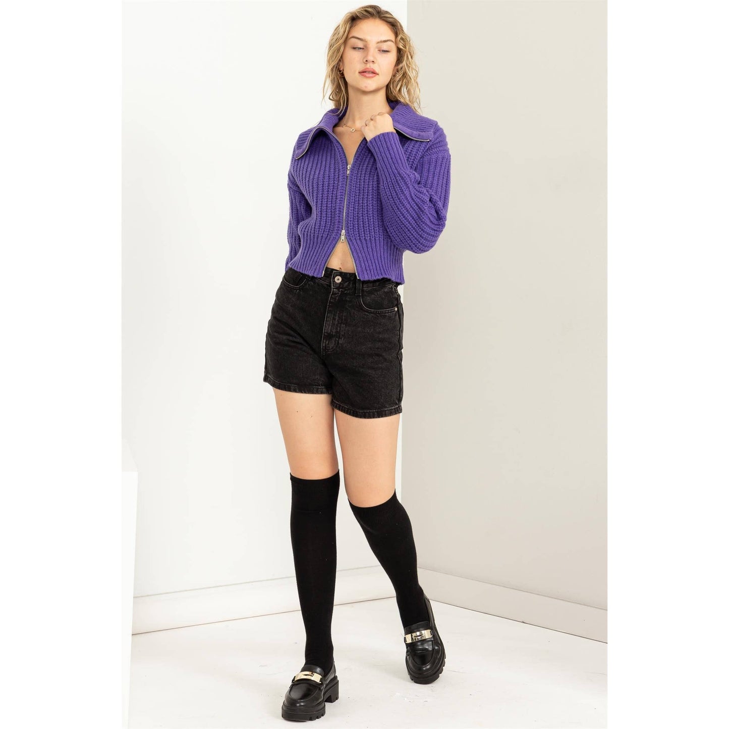 SUGAR CRUSH COLLARED DOUBLE ZIP CARDIGAN: CREAM