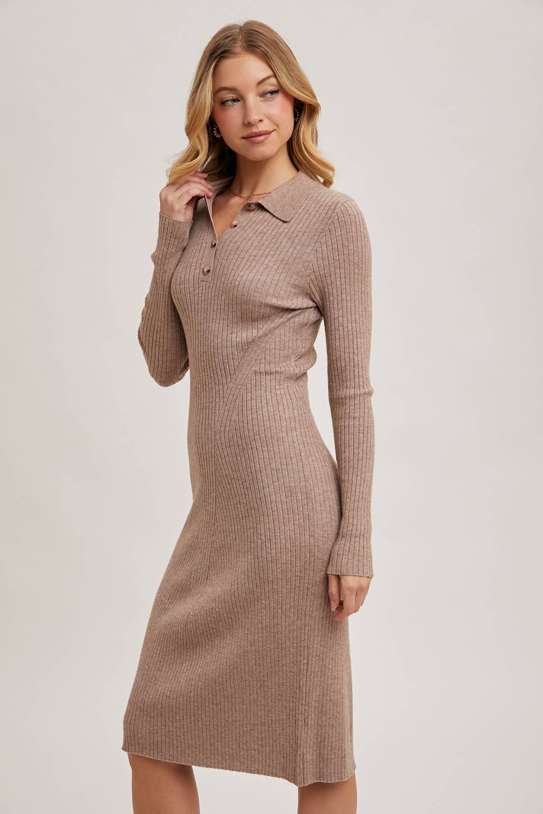 Bluivy - RIBBED KNIT HALF BUTTON SHIRT MIDI DRESS