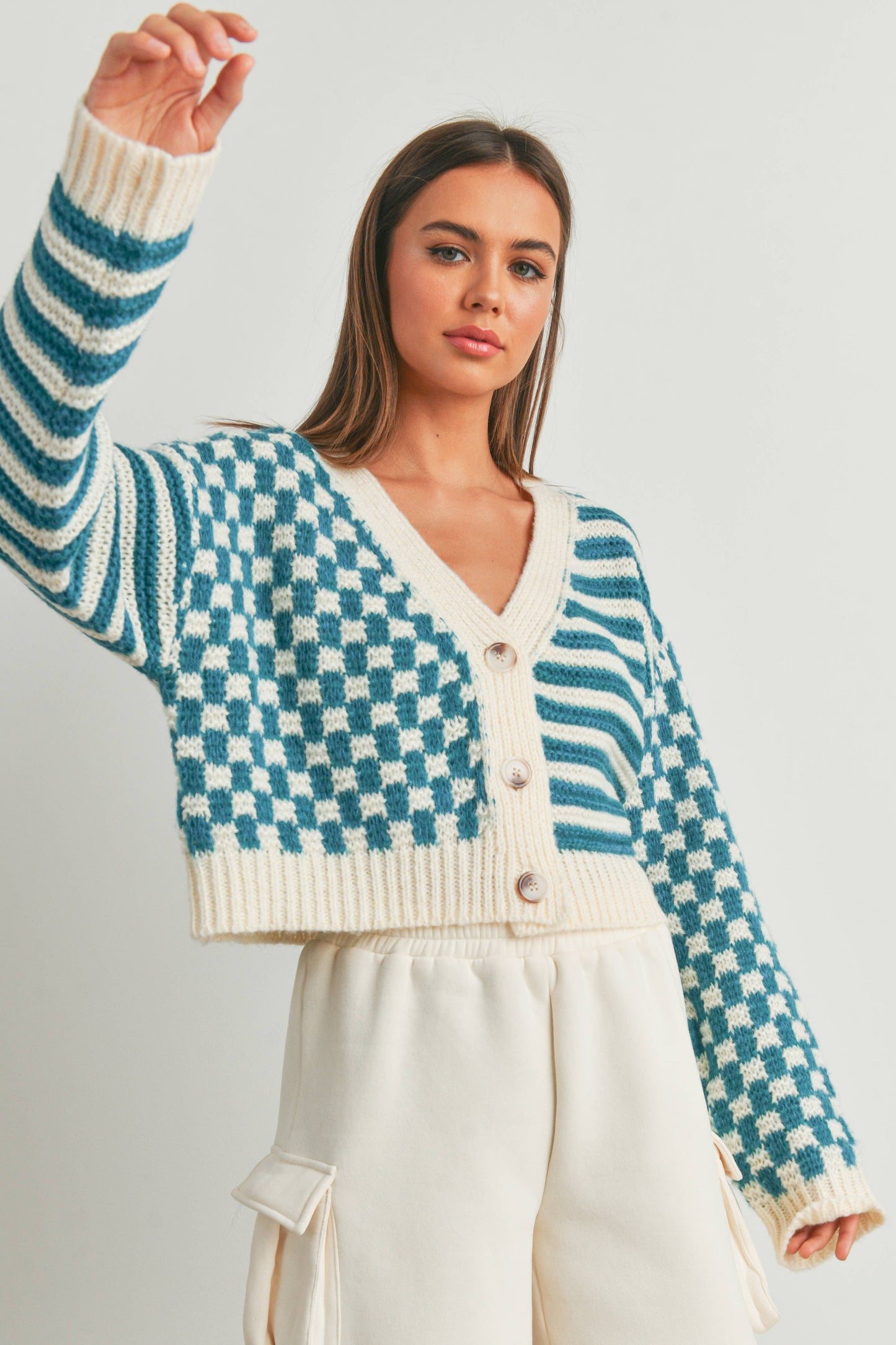 Buttermelon: OVERSIZED BUTTON DOWN Mauve/blue CHECKERED STRIPE CARDIGAN