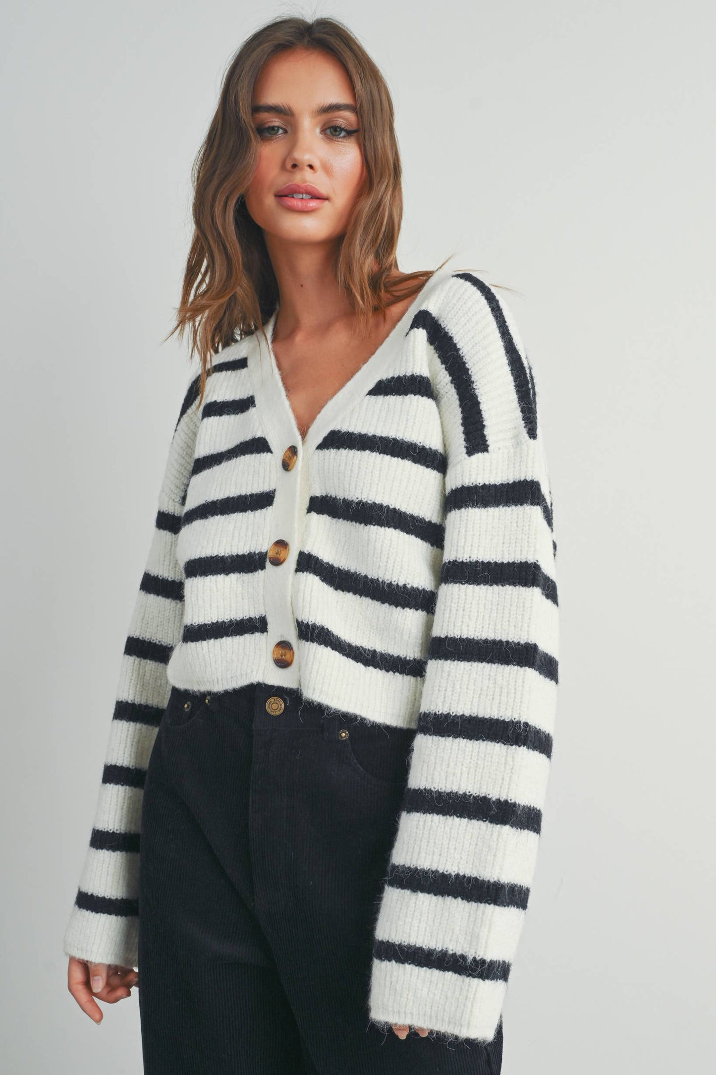 Buttermelon: Blue/mocha STRIPE COLOR BLOCK CROP FALL CARDIGAN