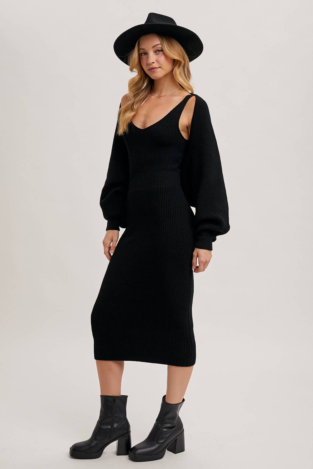 Bluivy - V-NECK KNIT MIDI DRESS AND KNIT SHRUG SET