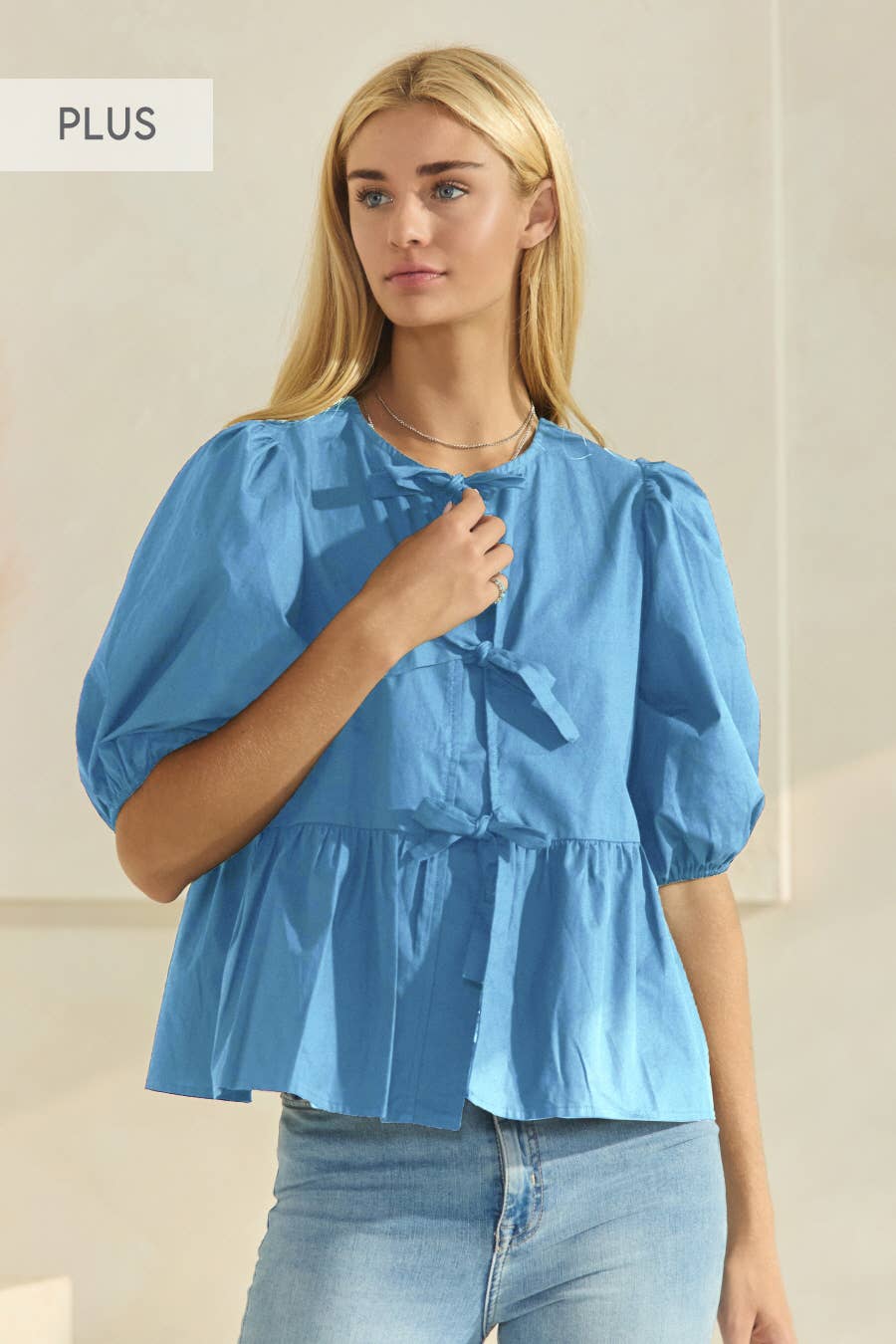 Oddi - Plus Solid Cotton Poplin Front Tie Ribbon Blouse