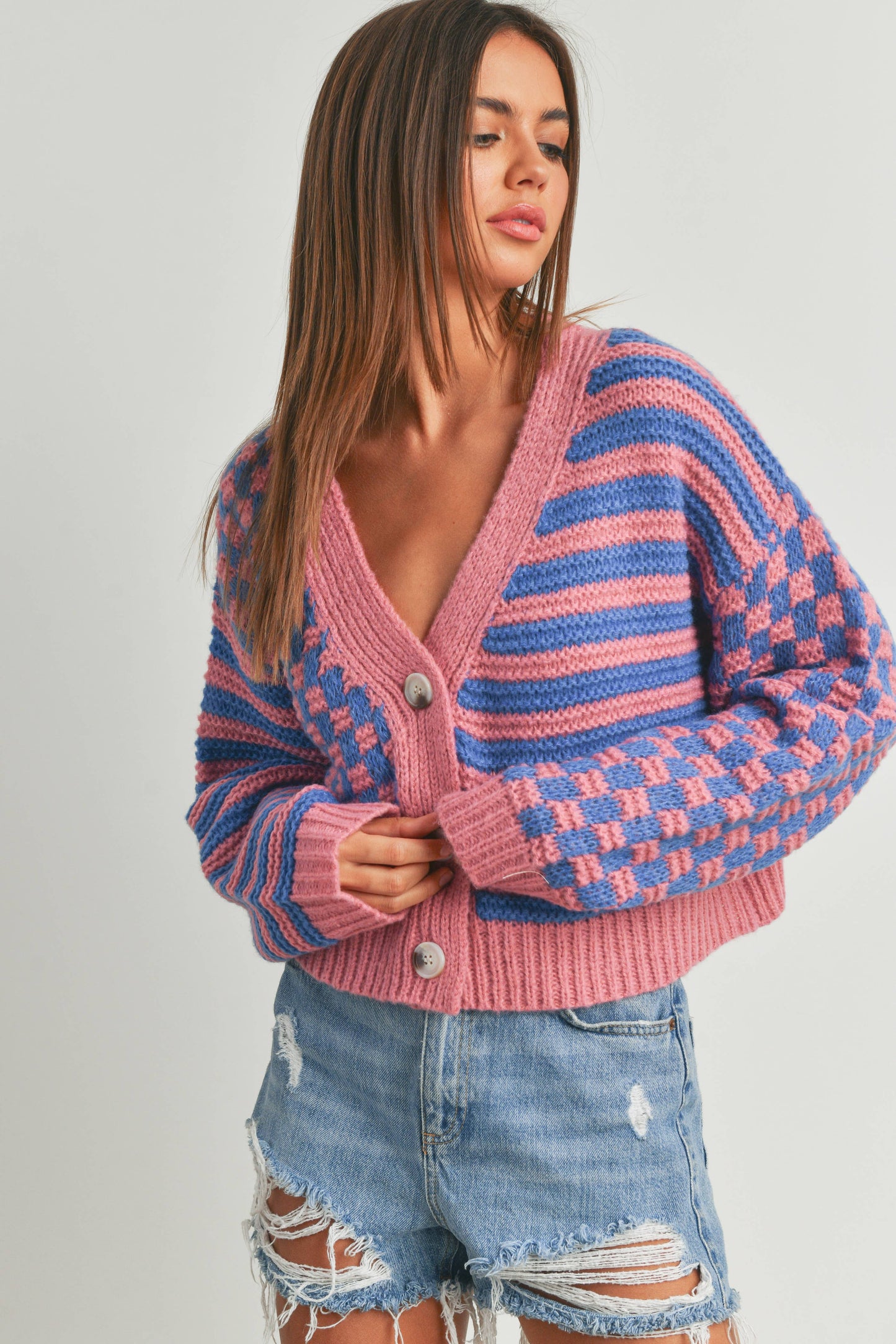 Buttermelon: OVERSIZED BUTTON DOWN Mauve/blue CHECKERED STRIPE CARDIGAN