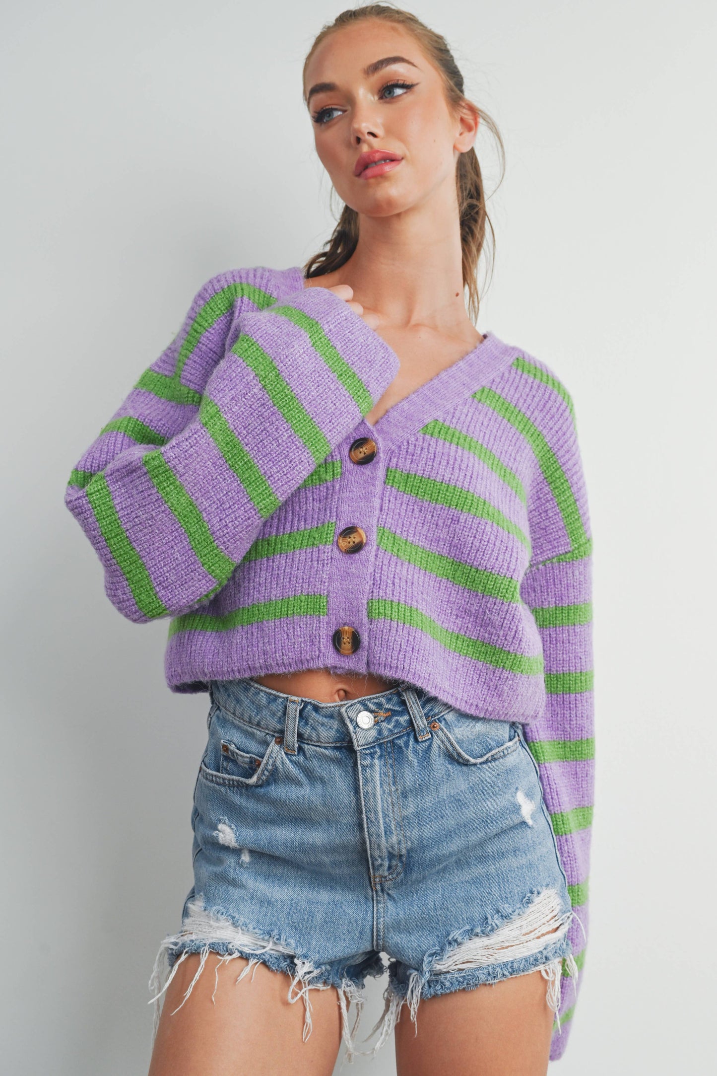 Buttermelon: Blue/mocha STRIPE COLOR BLOCK CROP FALL CARDIGAN