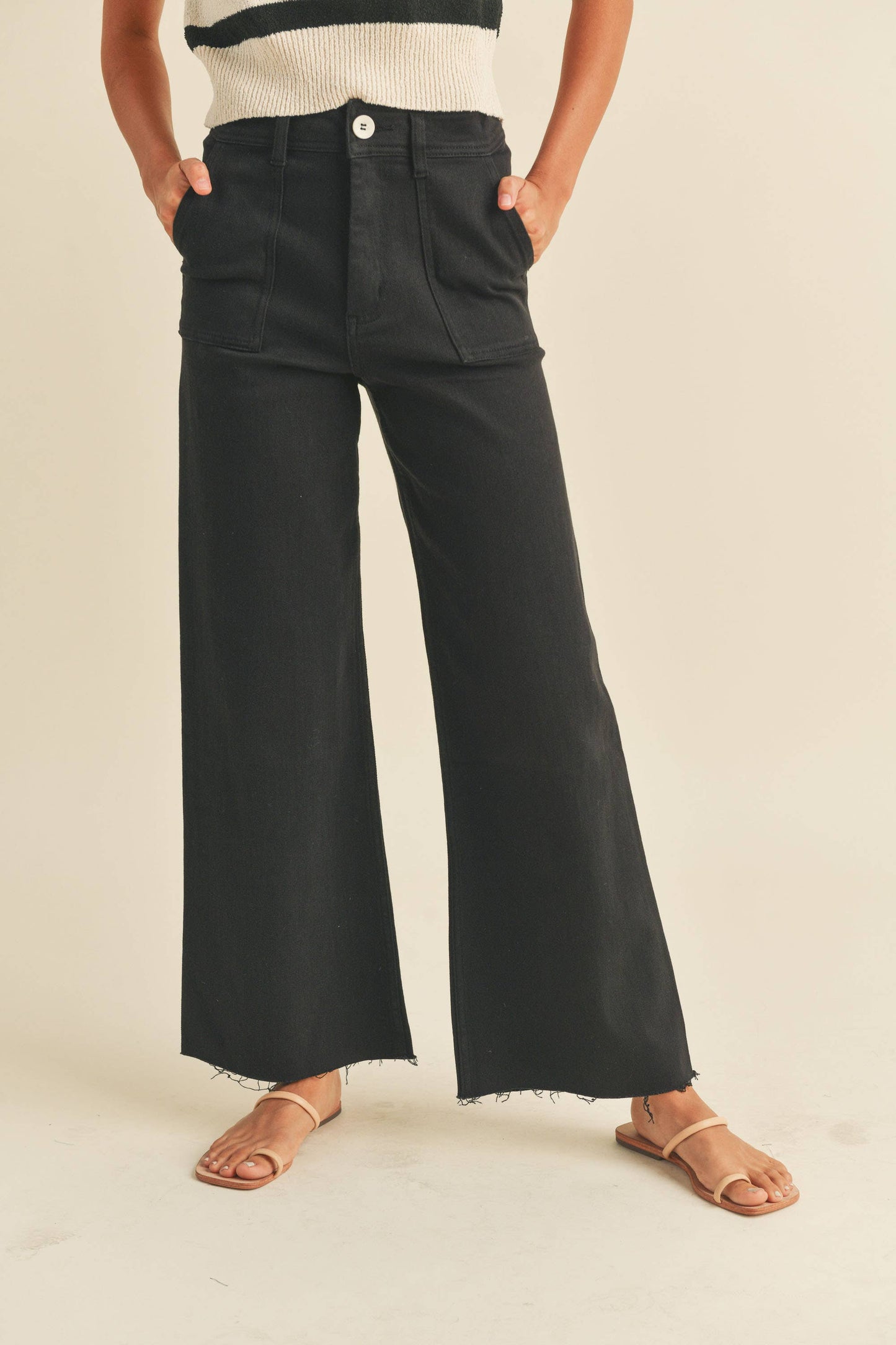MIOU MUSE -BLACK DYE AND WASH COTTON STRETCH WIDELEG PANTS