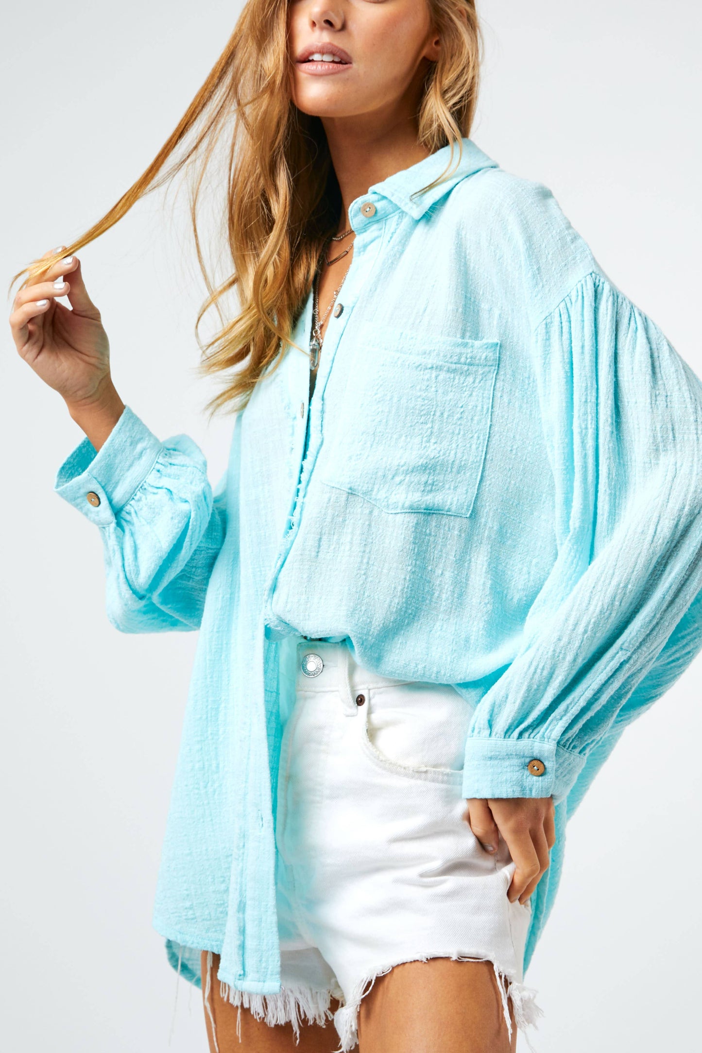 Davi & Dani - BUBBLE BLUE BUTTON FRONT RELAXED FIT SHIRT TOP