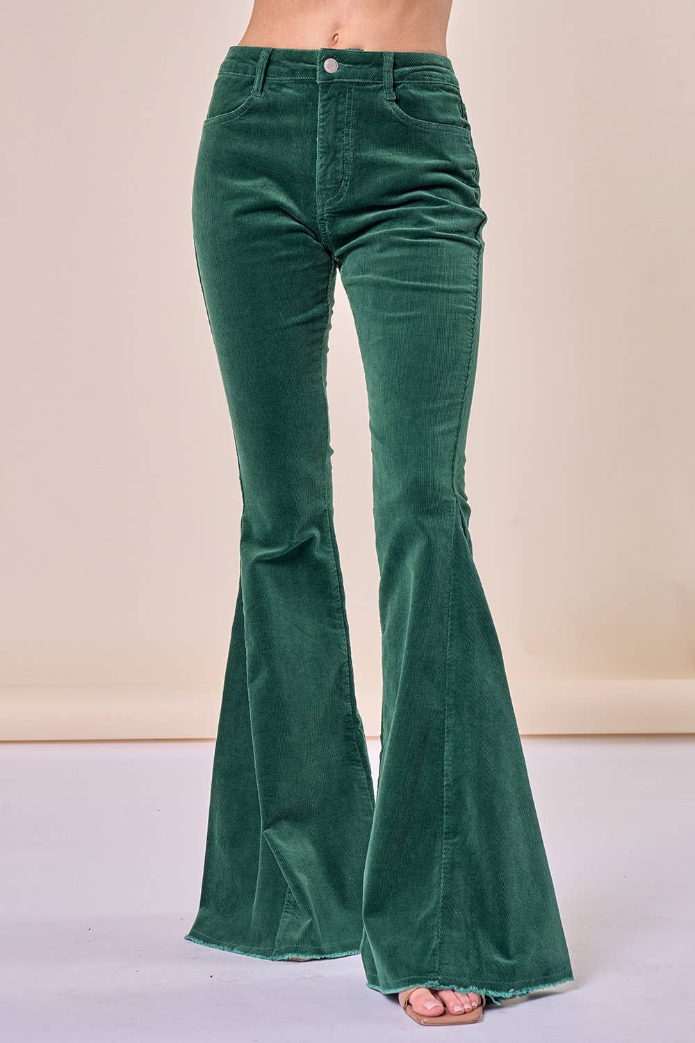 Saints & Hearts: HUNTER GREEN CORDUROY FLARES DISTRESSED HEM