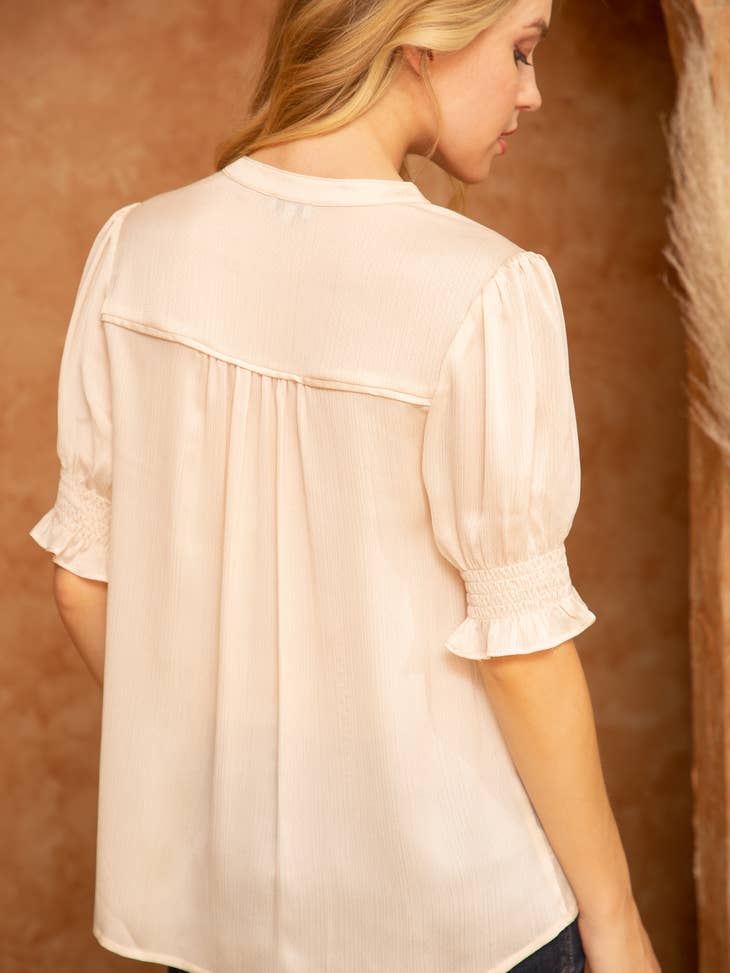 VOY - Cream Short Sleeve dot textured satin blouse