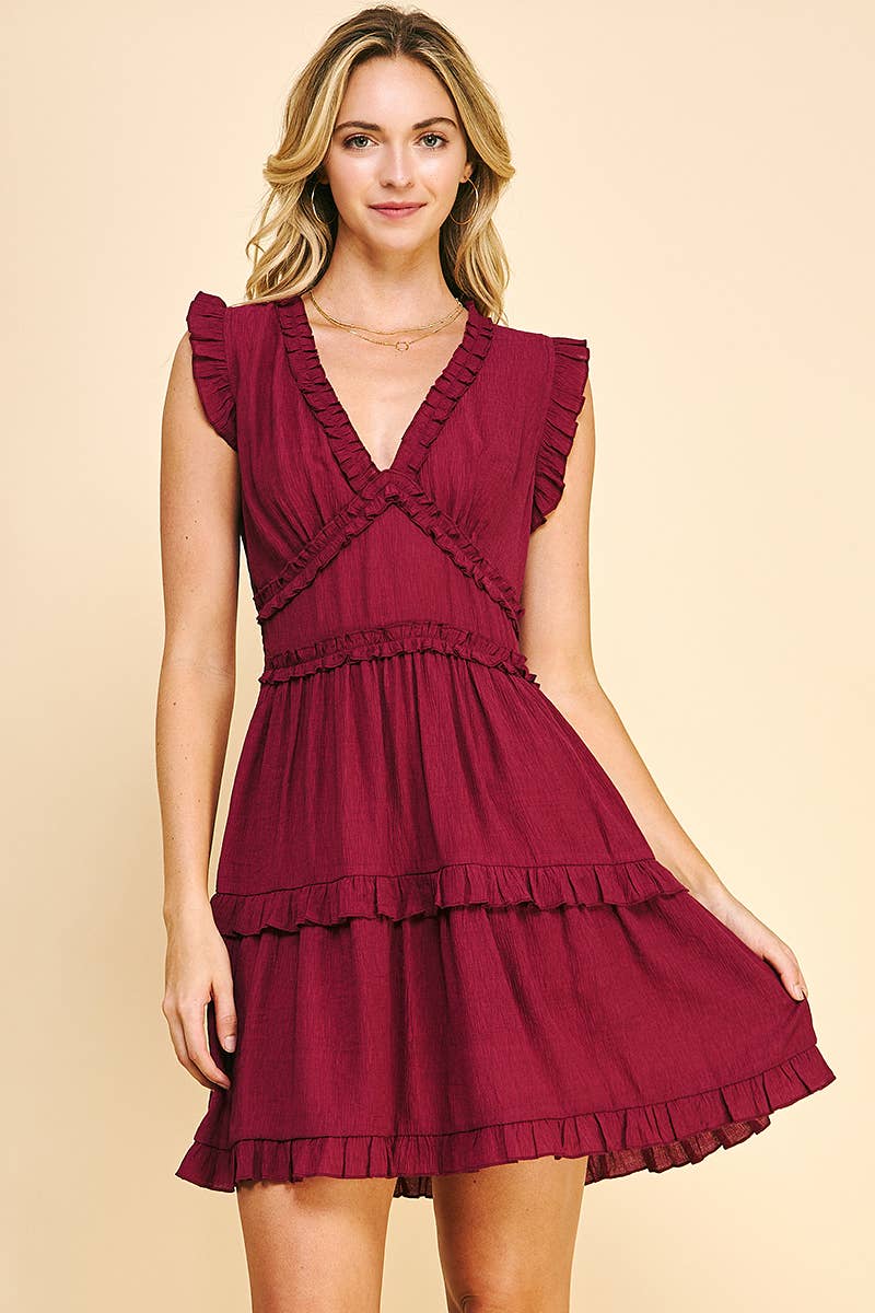PINCH - V-NECK RUFFLE MINI DRESS - MAROON