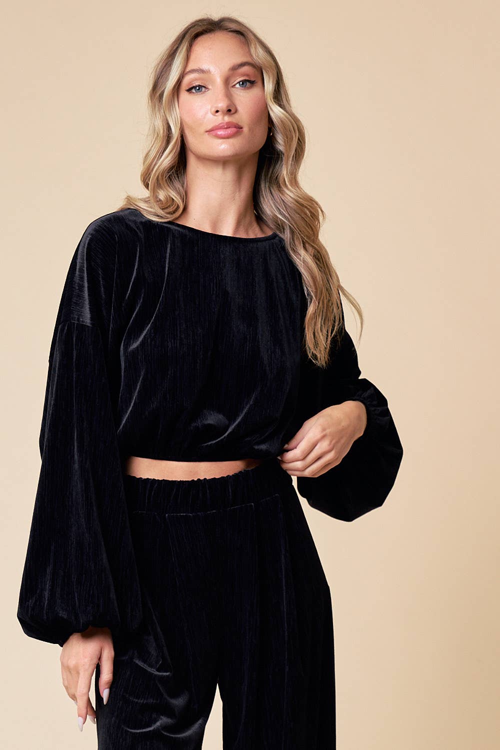 Saints & Hearts: BLACK HOLIDAY LONG SLEEVE VELVET CROP TOP