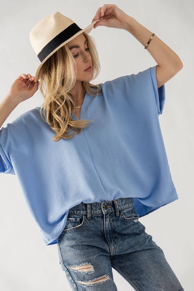 Urban Daizy - LT BLUE OVERSIZED VNECK FOLDED SHORT SLEEVE TOP
