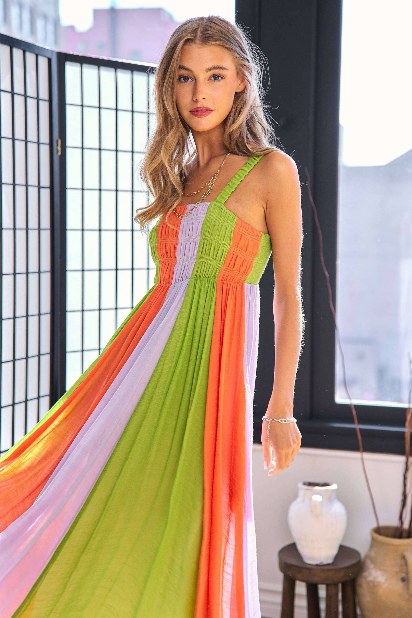 Davi & Dani - APPLE GREEN SMOCKING DETAIL RUCHED STRAP MIDI DRESS