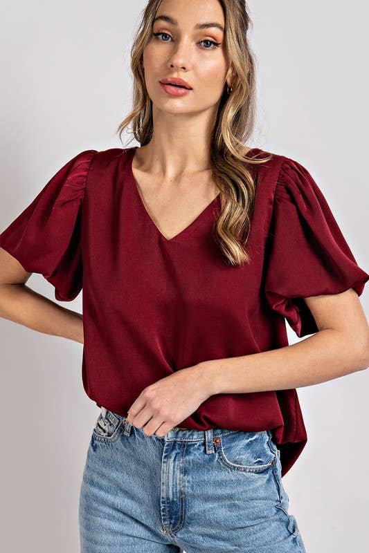Faith Apparel - WINE V NECK SHORT PUFF SLEEVE SATIN BLOUSE