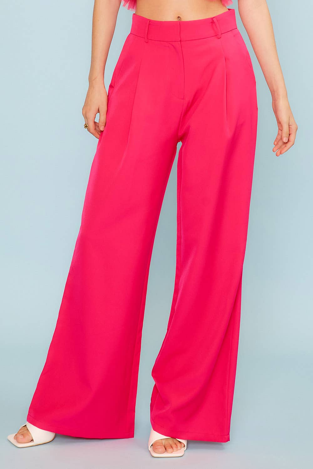 Main Strip - Fuchsia Zipper Hook Pleat Side Pockets Solid Wide Pants