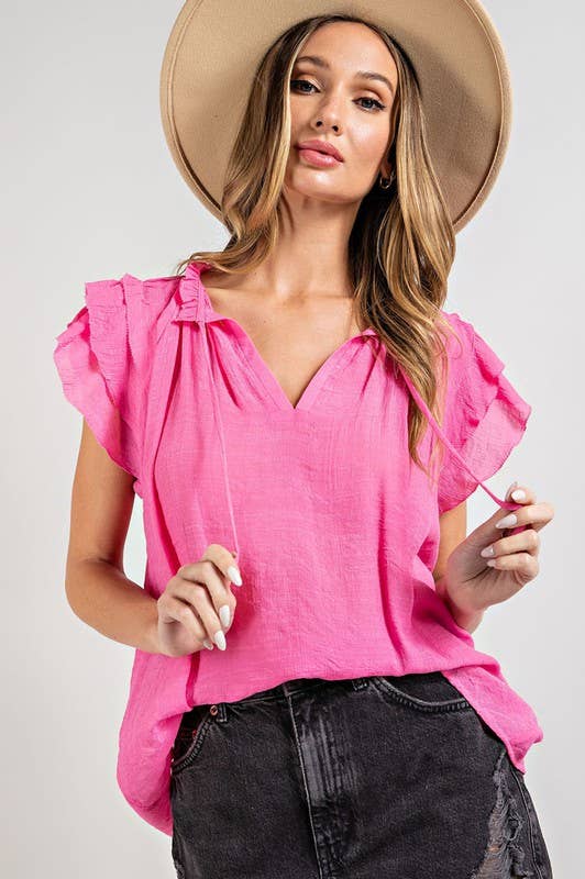 Faith Apparel - BUBBLE GUM RUFFLE SLEEVES BLOUSE
