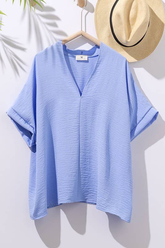 Urban Daizy - LT BLUE OVERSIZED VNECK FOLDED SHORT SLEEVE TOP