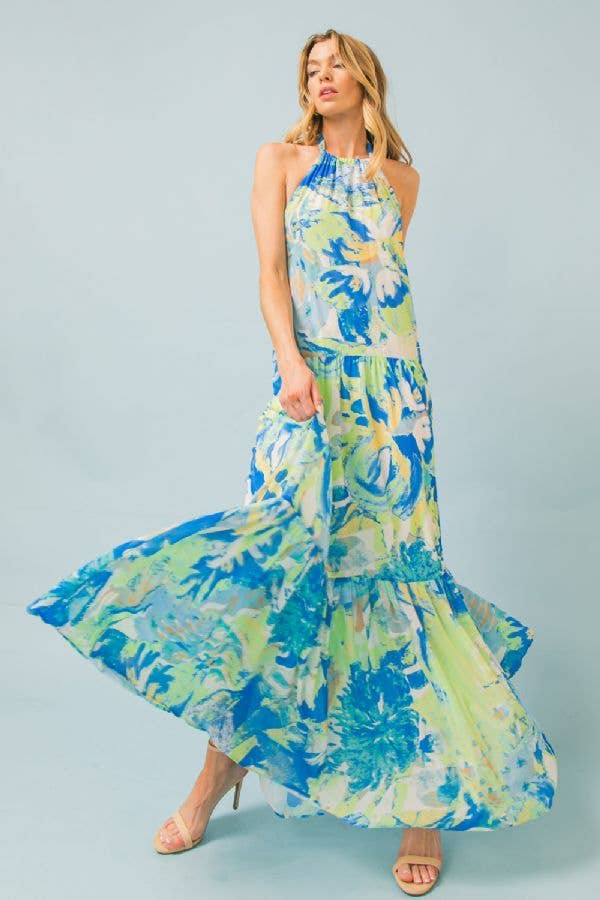 FLYING TOMATO - Blue Melon printed woven maxi dress