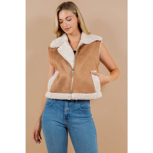 FALL OVER UP COLLARED FAUX FUR SUEDE SHERPA VEST CAMEL