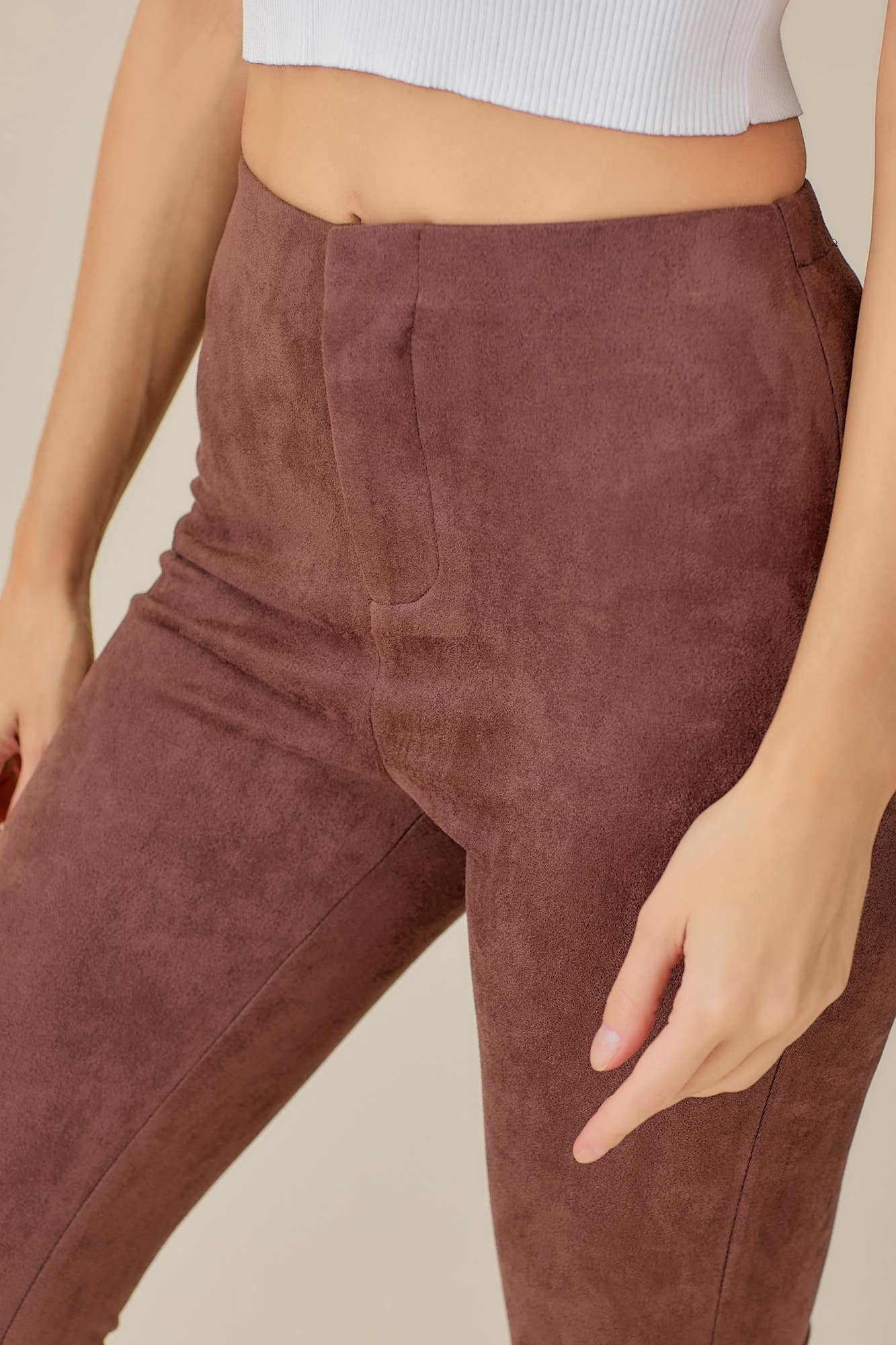 ELASTIC HIGH WAIST SUEDE PANTS: CHOCO BROWN