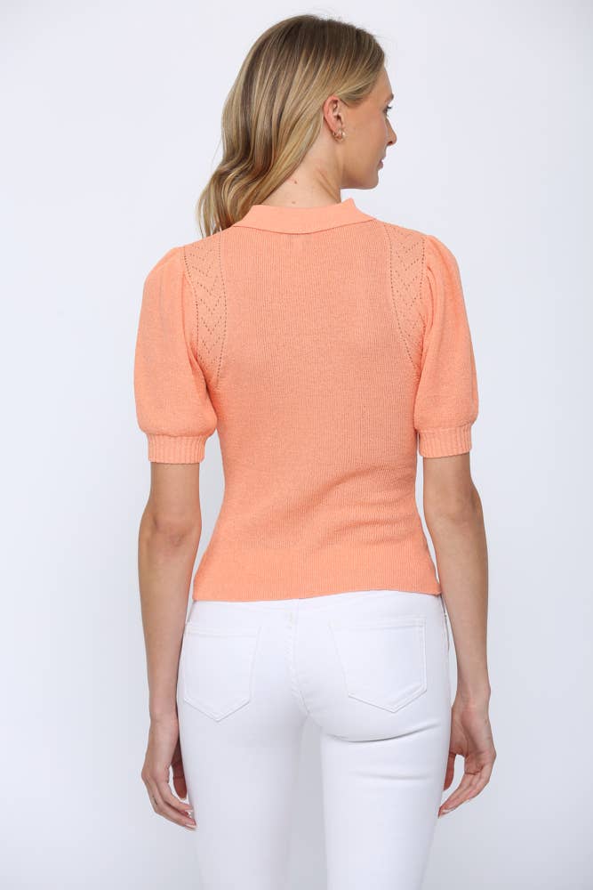 FATE - TANGERINE POINTELLE DETAIL COLLARED SHORT SLEEVE SWEATER