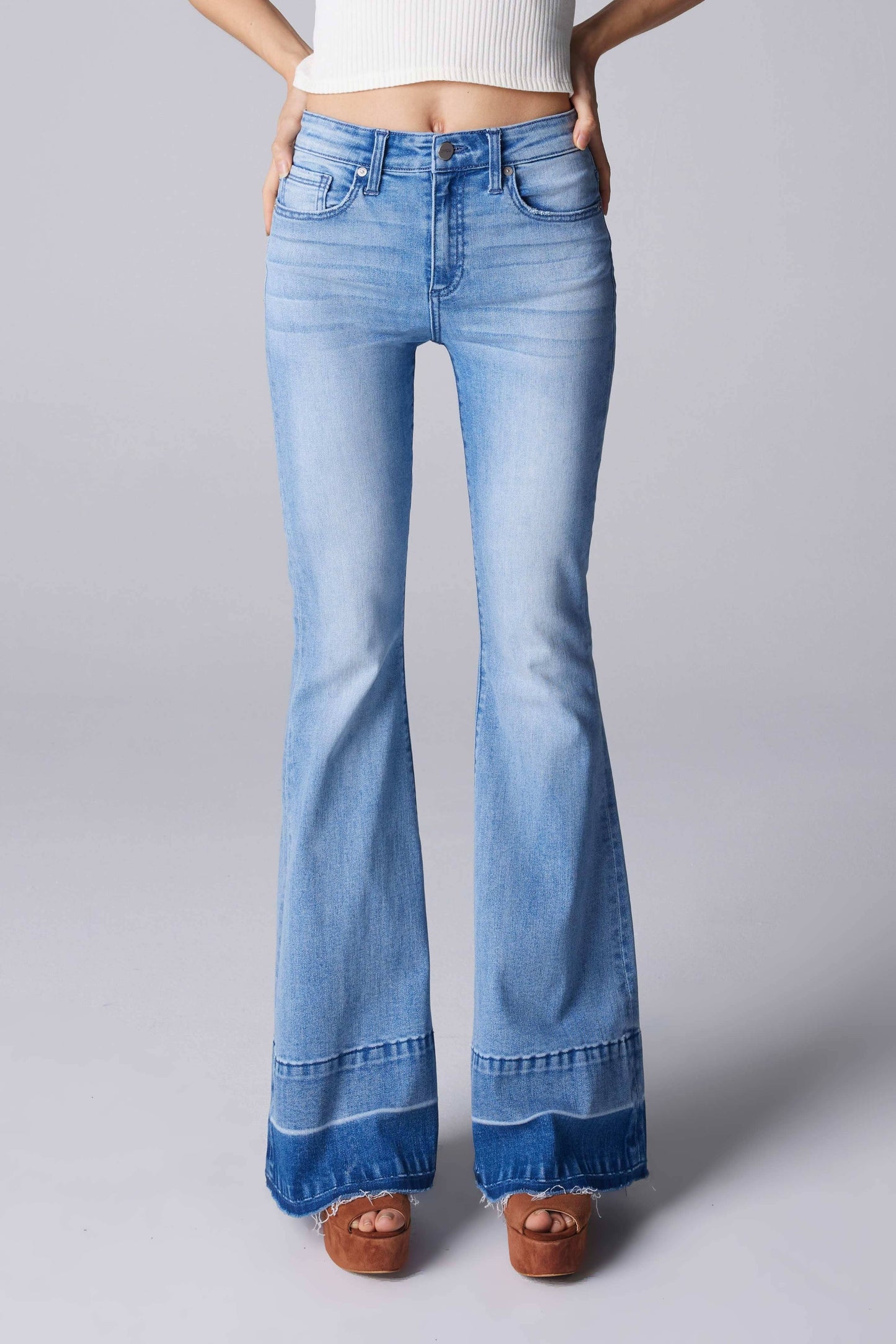 Ceros Jeans - Light Blue High Rise Color Panel Hem Flare Denim