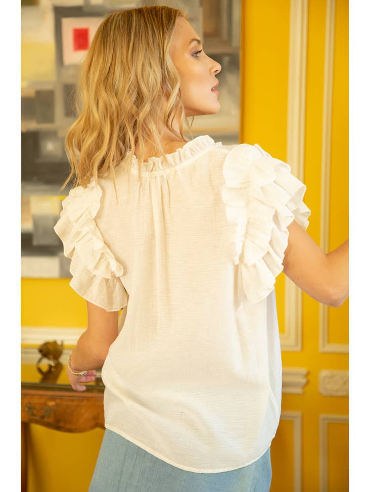 VOY - Double Ruffle Sleeve Cover Button Opening Top