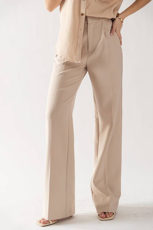 Urban Daizy - Beige ELASTIC BACK WAISTBAND TEXTURED WIDE LEG SLACKS