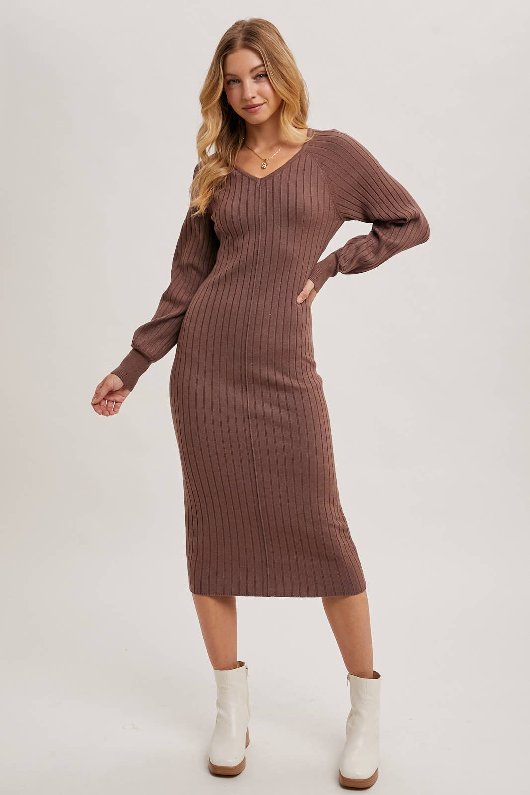 Bluivy - V-NECK RIBBED KNIT SWEATER MIDI DRESS Bluivy - V-NECK RIBBED KNIT SWEATER MIDI DRESS