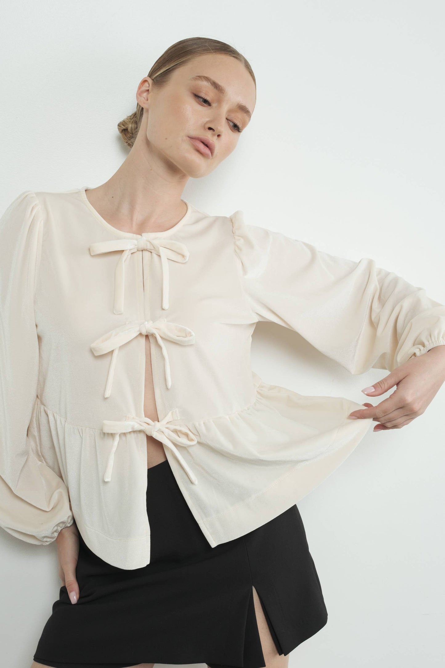 Aaron & Amber - VELVET BOW TIE PEPLUM BLOUSE