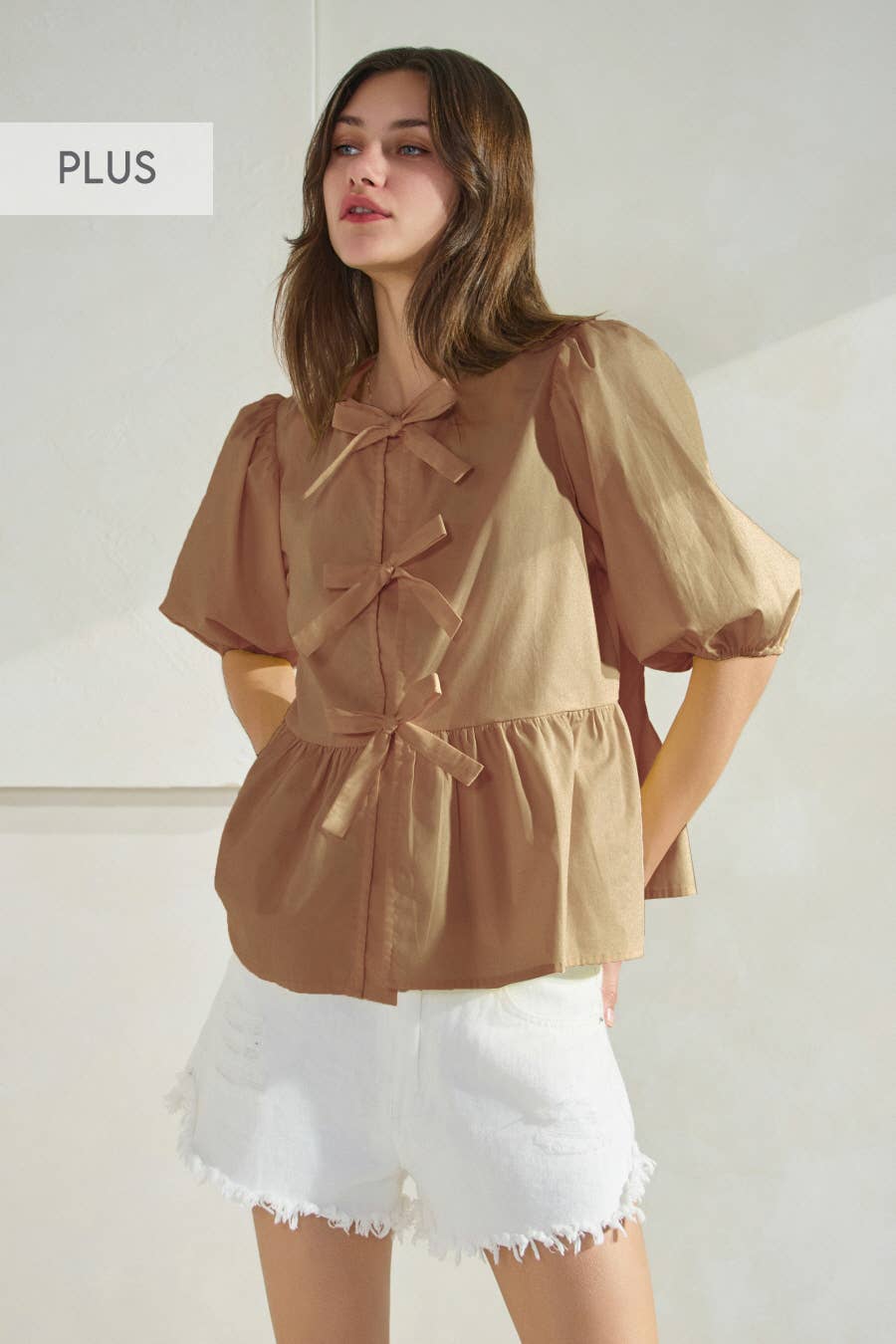 Oddi - Plus Solid Cotton Poplin Front Tie Ribbon Blouse