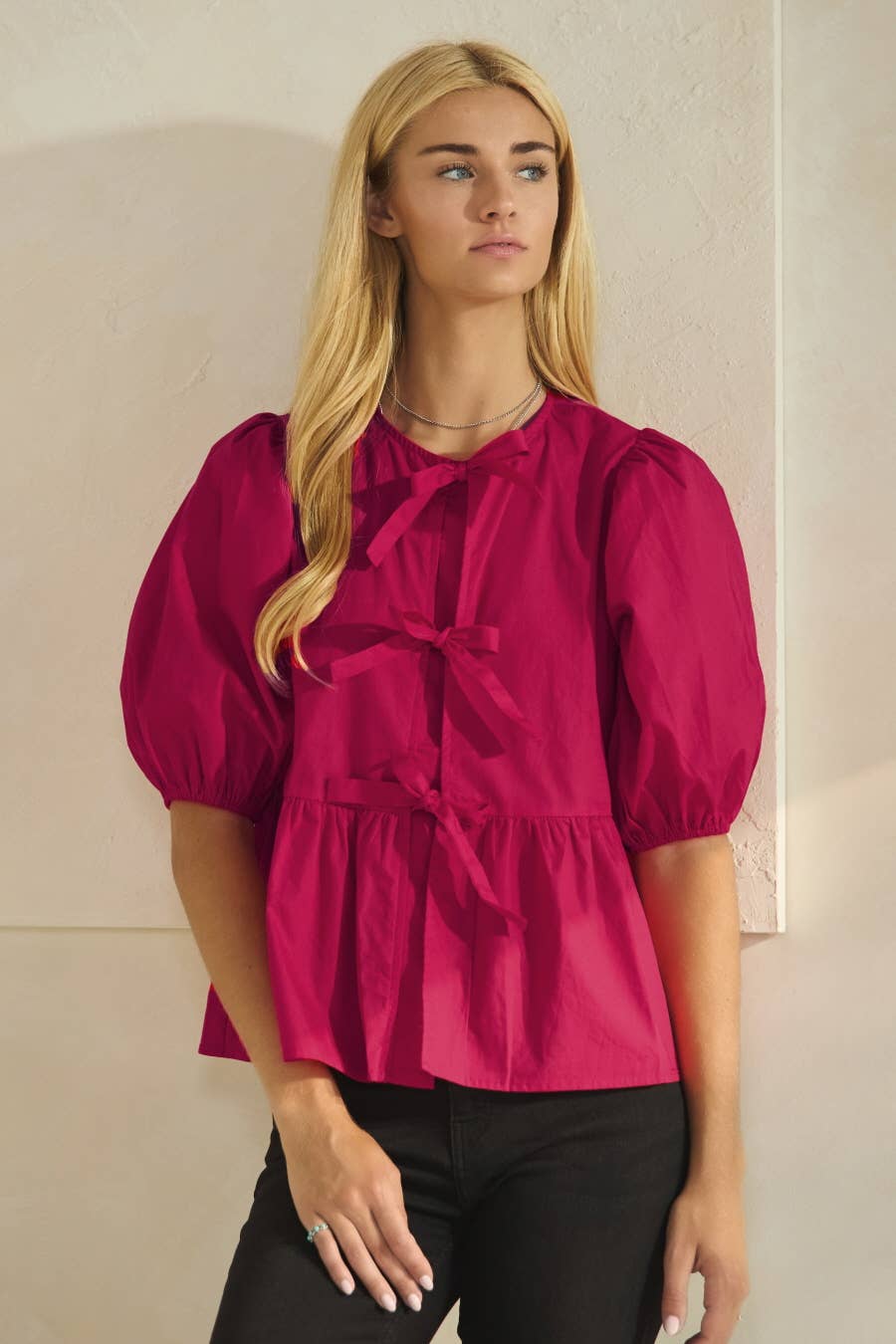 Oddi - Plus Solid Cotton Poplin Front Tie Ribbon Blouse