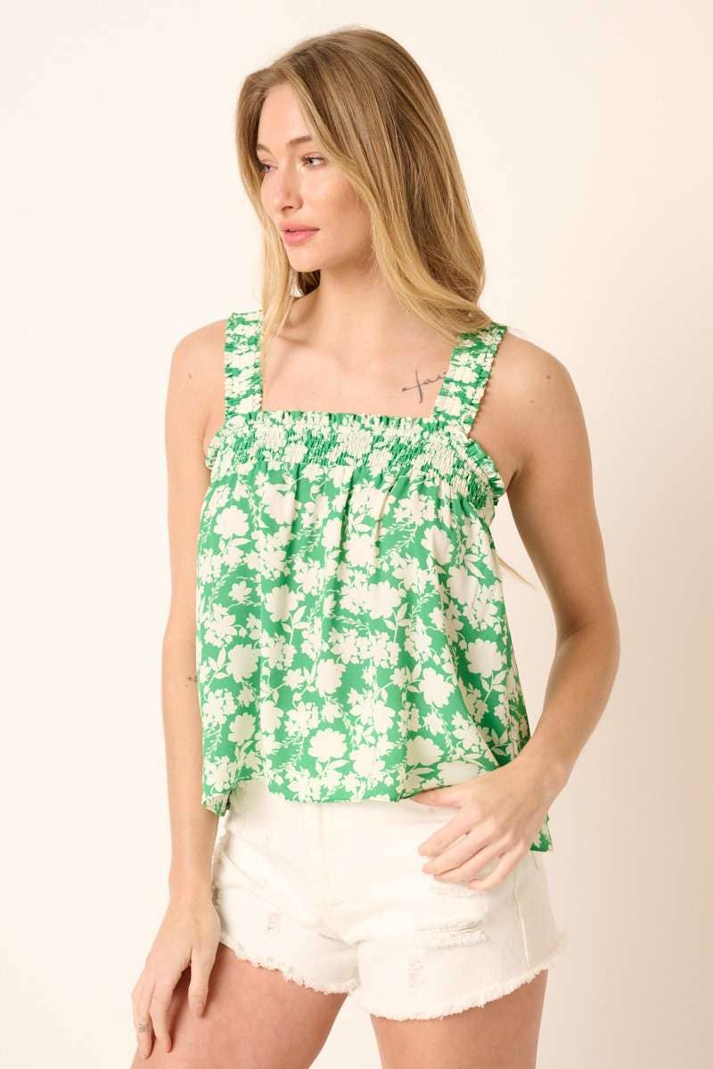 mittoshop - FLOWER PRINT SMOCK DETAIL CROP TANK BLOUSE