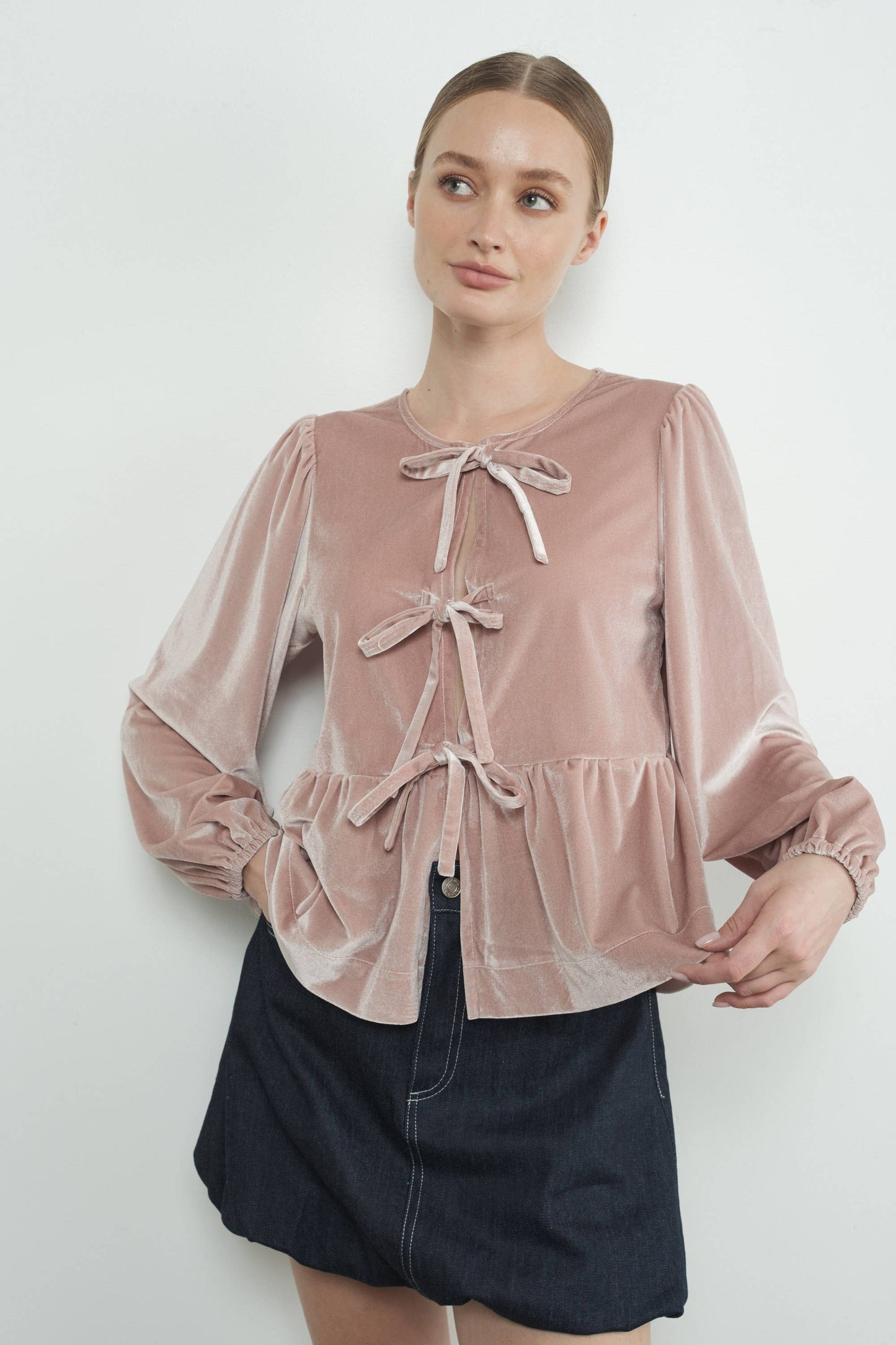 Aaron & Amber - VELVET BOW TIE PEPLUM BLOUSE