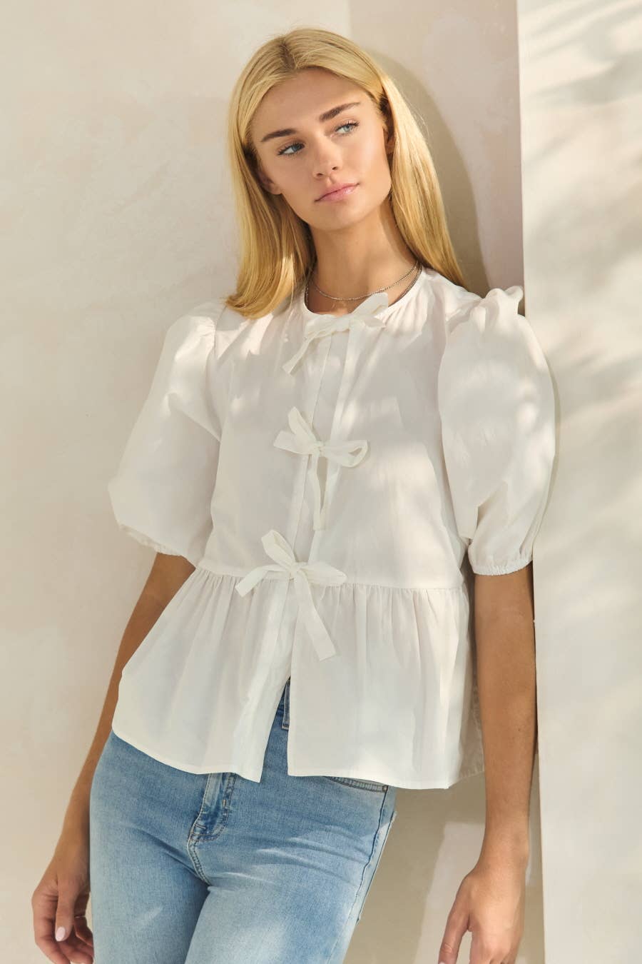 Oddi - Plus Solid Cotton Poplin Front Tie Ribbon Blouse