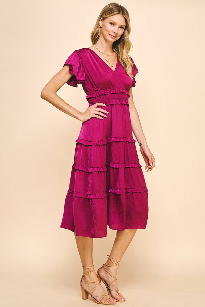 PINCH - V-NECK TIERED MIDI DRESS - BERRY