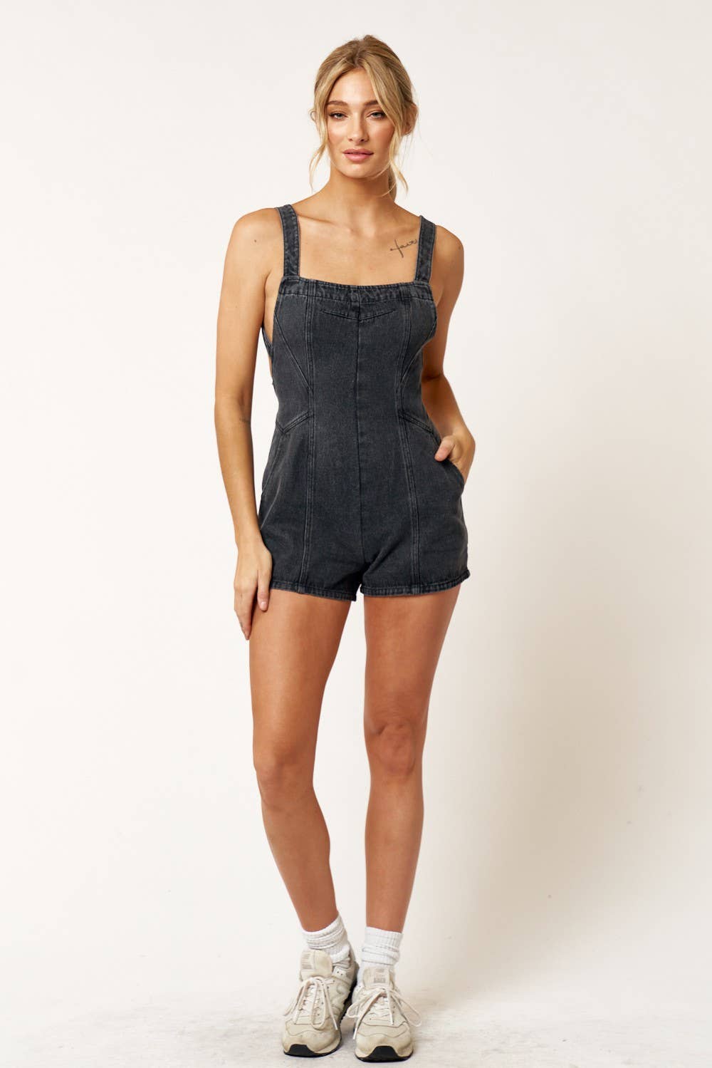 Blue Blush - IBR26533 OPEN BACK DOUBLE STRAP BACK DETAIL DENIM ROMPER