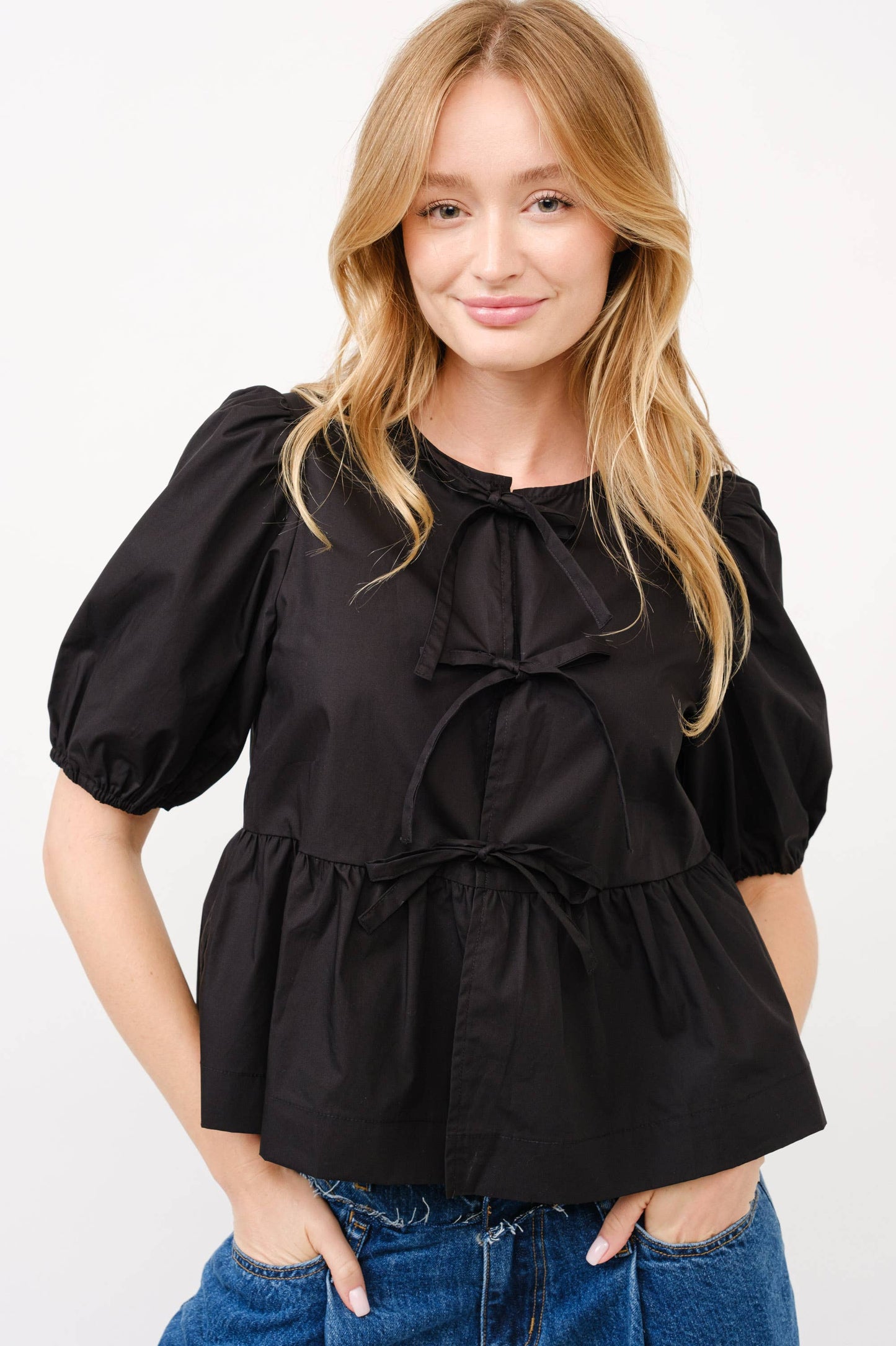 Aaron & Amber - POPLIN FRONT BOW TIE PEPLUM BLOUSE WITH PUFF SLEEV