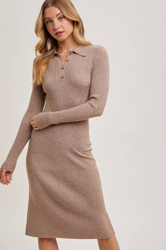 Bluivy - RIBBED KNIT HALF BUTTON SHIRT MIDI DRESS