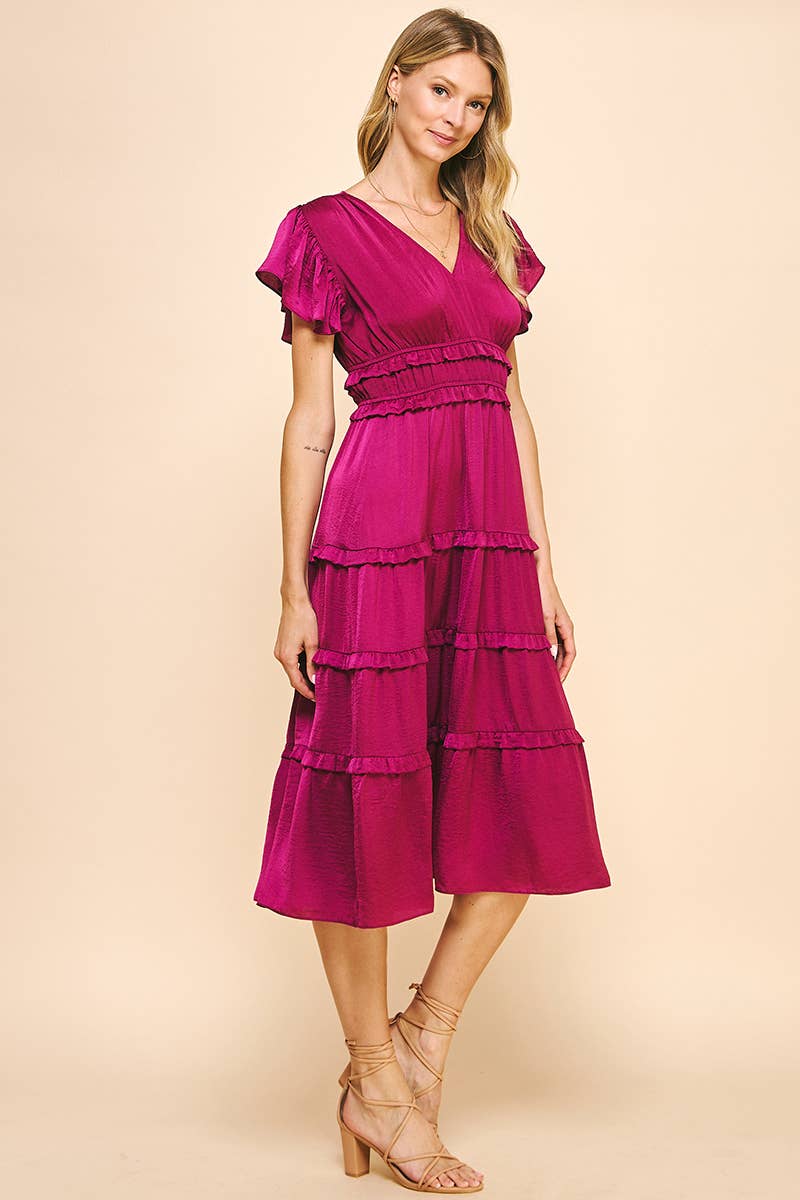 PINCH - V-NECK TIERED MIDI DRESS - BERRY