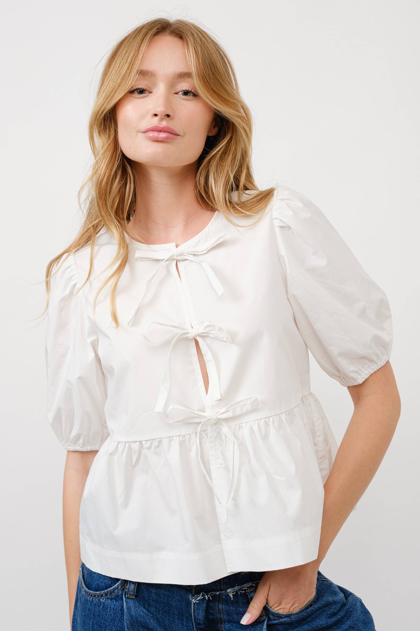 Aaron & Amber - POPLIN FRONT BOW TIE PEPLUM BLOUSE WITH PUFF SLEEV