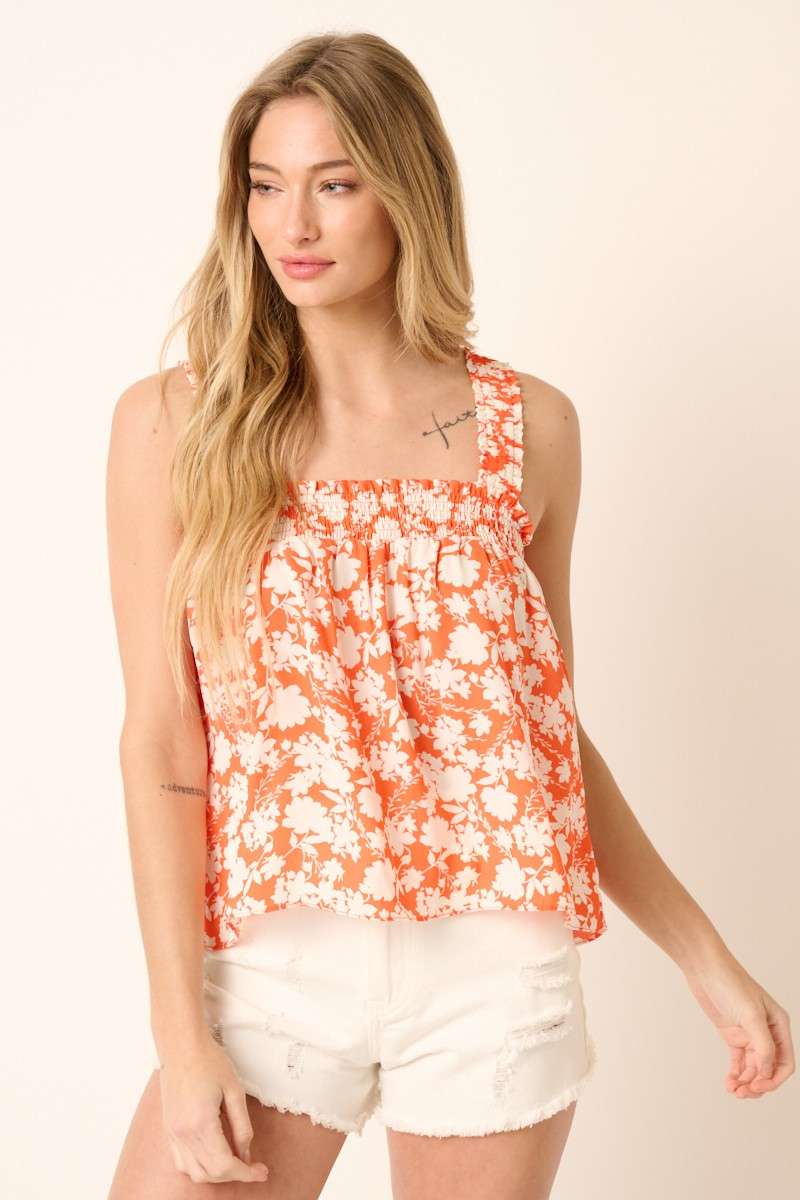 mittoshop - FLOWER PRINT SMOCK DETAIL CROP TANK BLOUSE