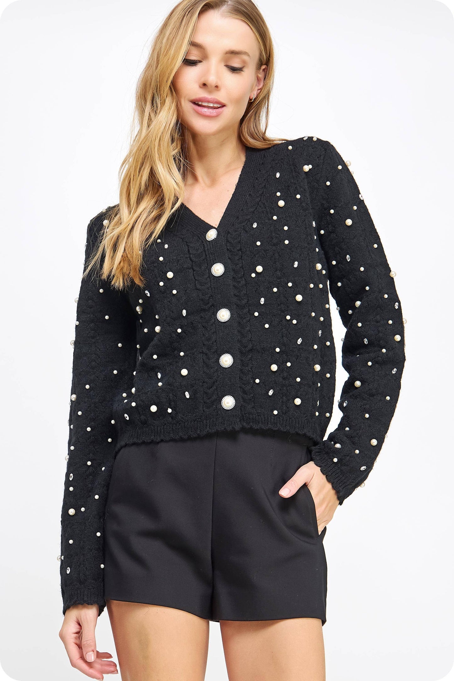 Strut & Bolt - Pearl and Rhinestone Studded Knit Cardigan