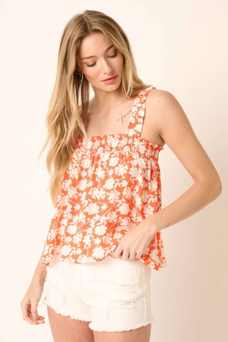 mittoshop - FLOWER PRINT SMOCK DETAIL CROP TANK BLOUSE