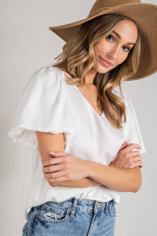 Faith Apparel - OFF WHITE V NECK SHORT PUFF SLEEVE SATIN BLOUSE