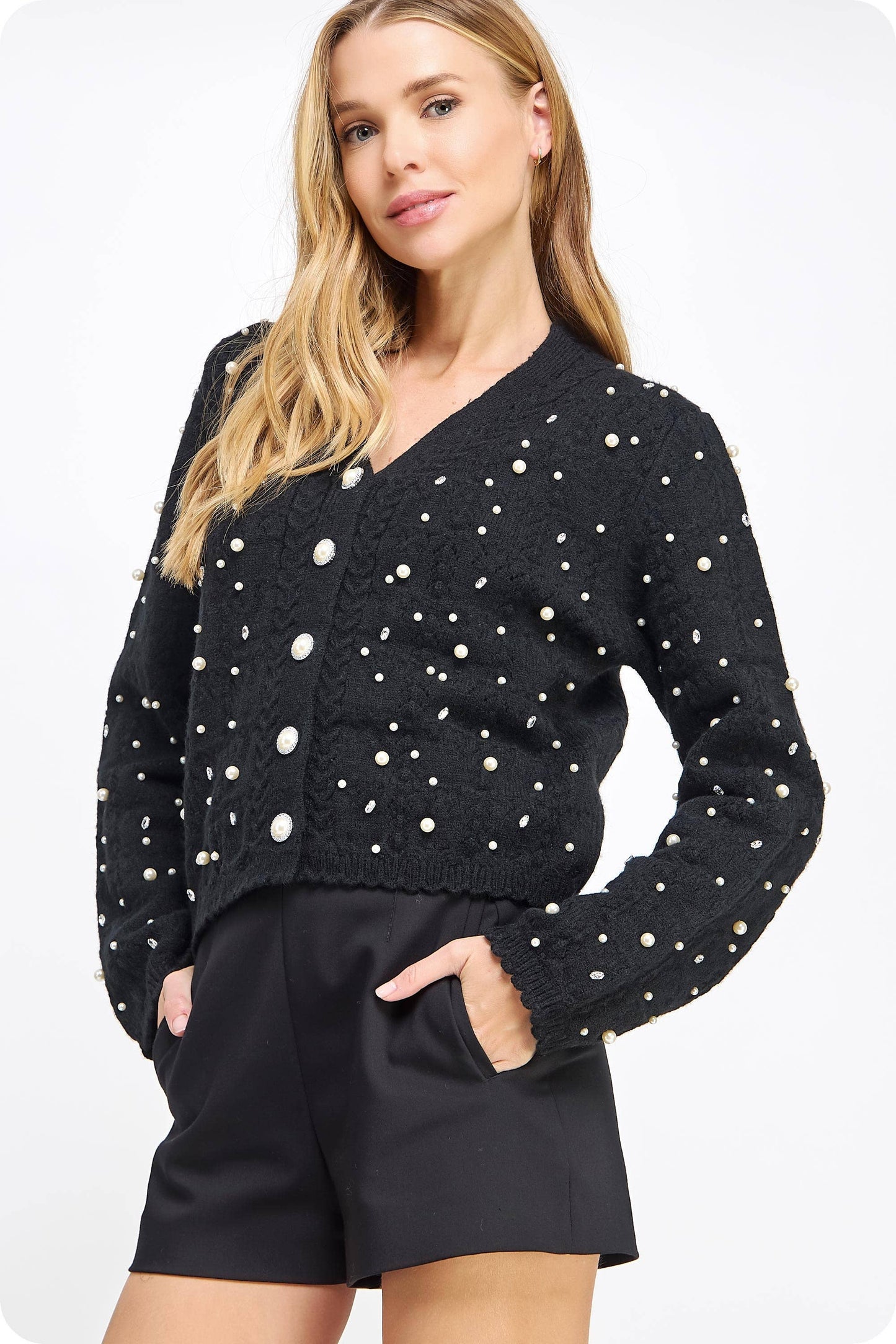 Strut & Bolt - Pearl and Rhinestone Studded Knit Cardigan