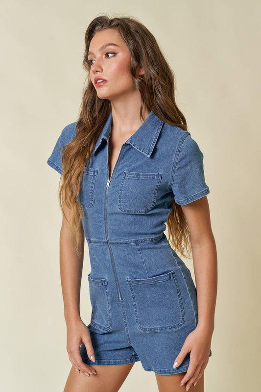 Blue Blush -STRETCH DENIM ZIP UP POCKET FRONT ROMPER