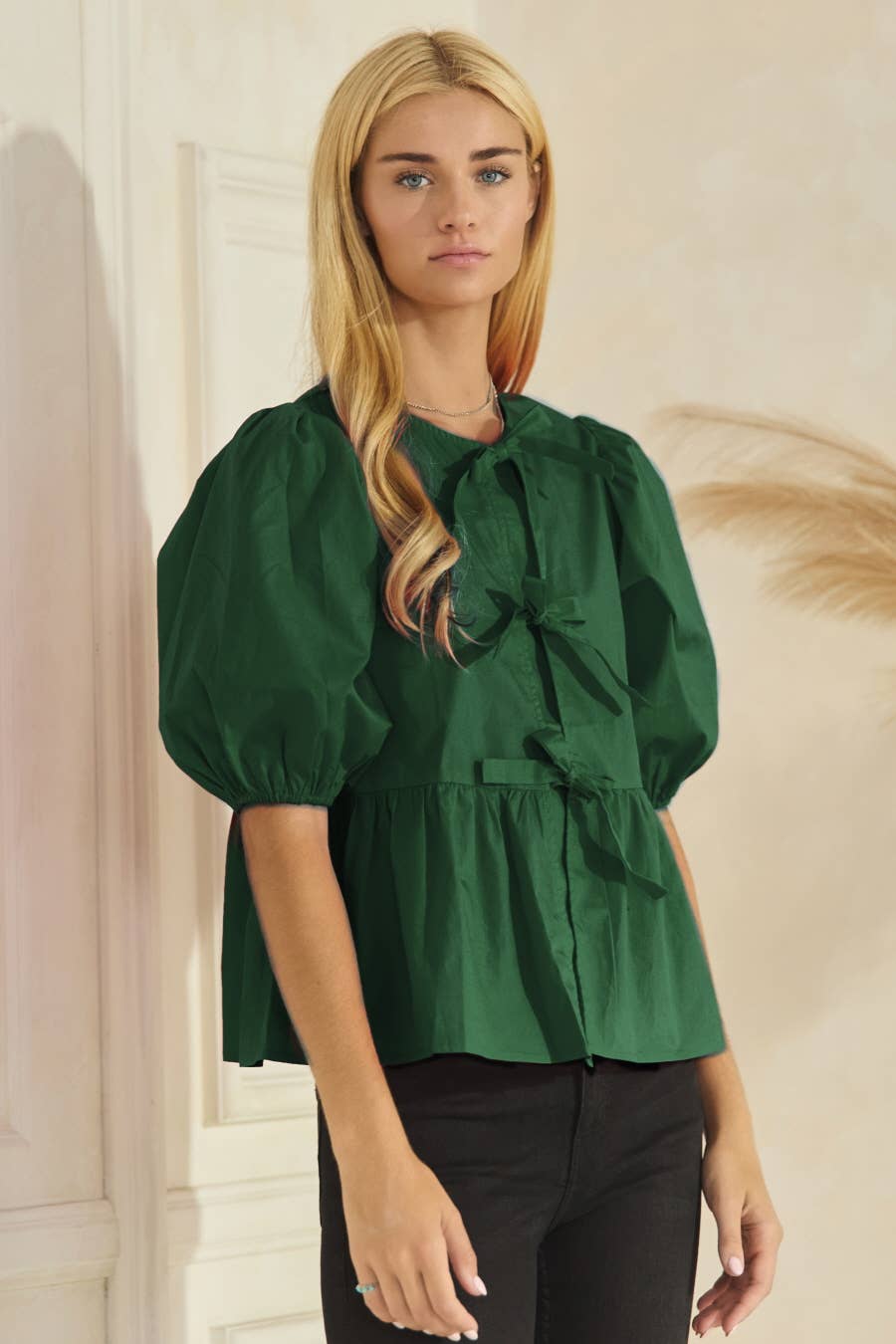 Oddi - Plus Solid Cotton Poplin Front Tie Ribbon Blouse