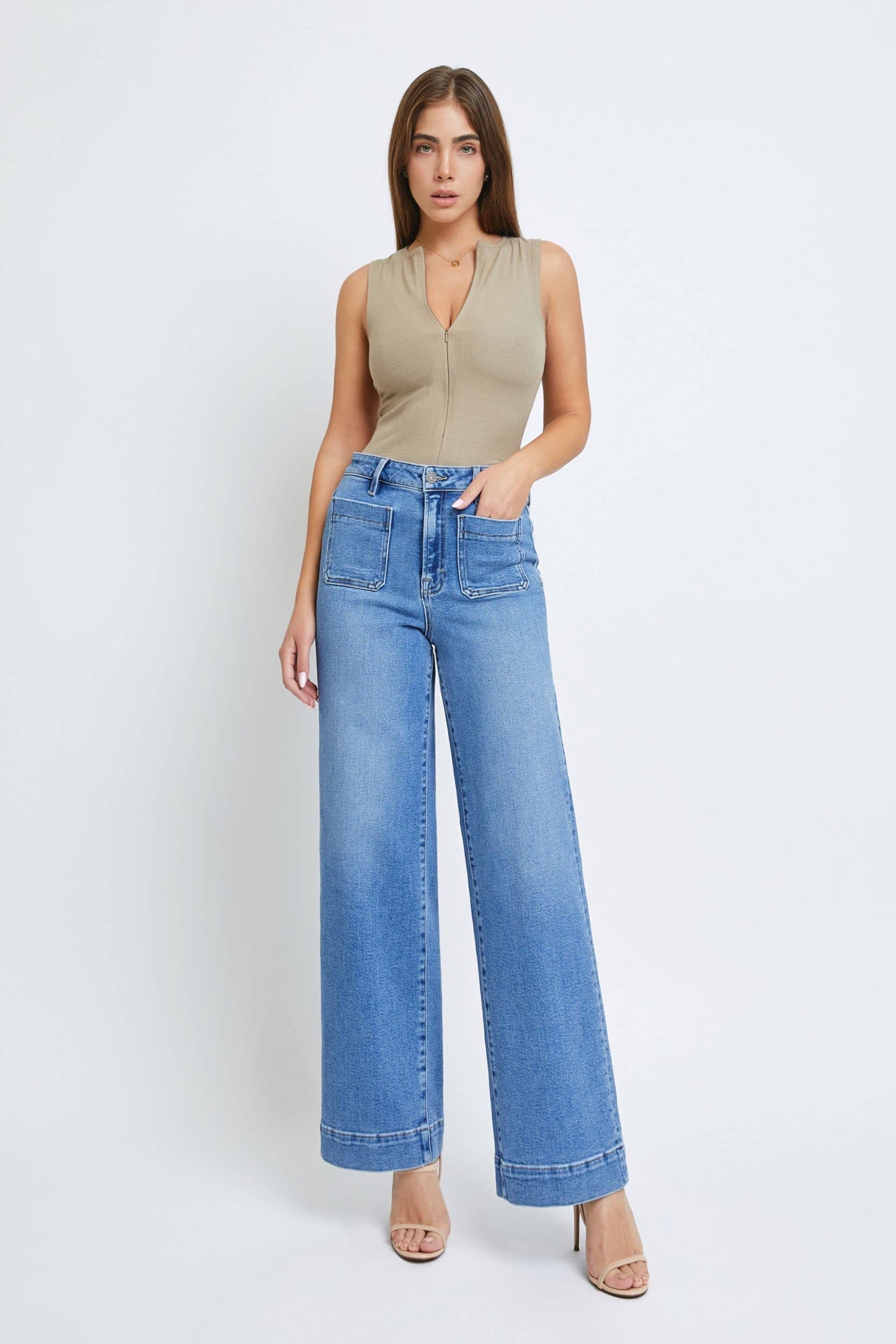 Hidden Jeans - Medium Wash Front Pocket Stretch Wideleg