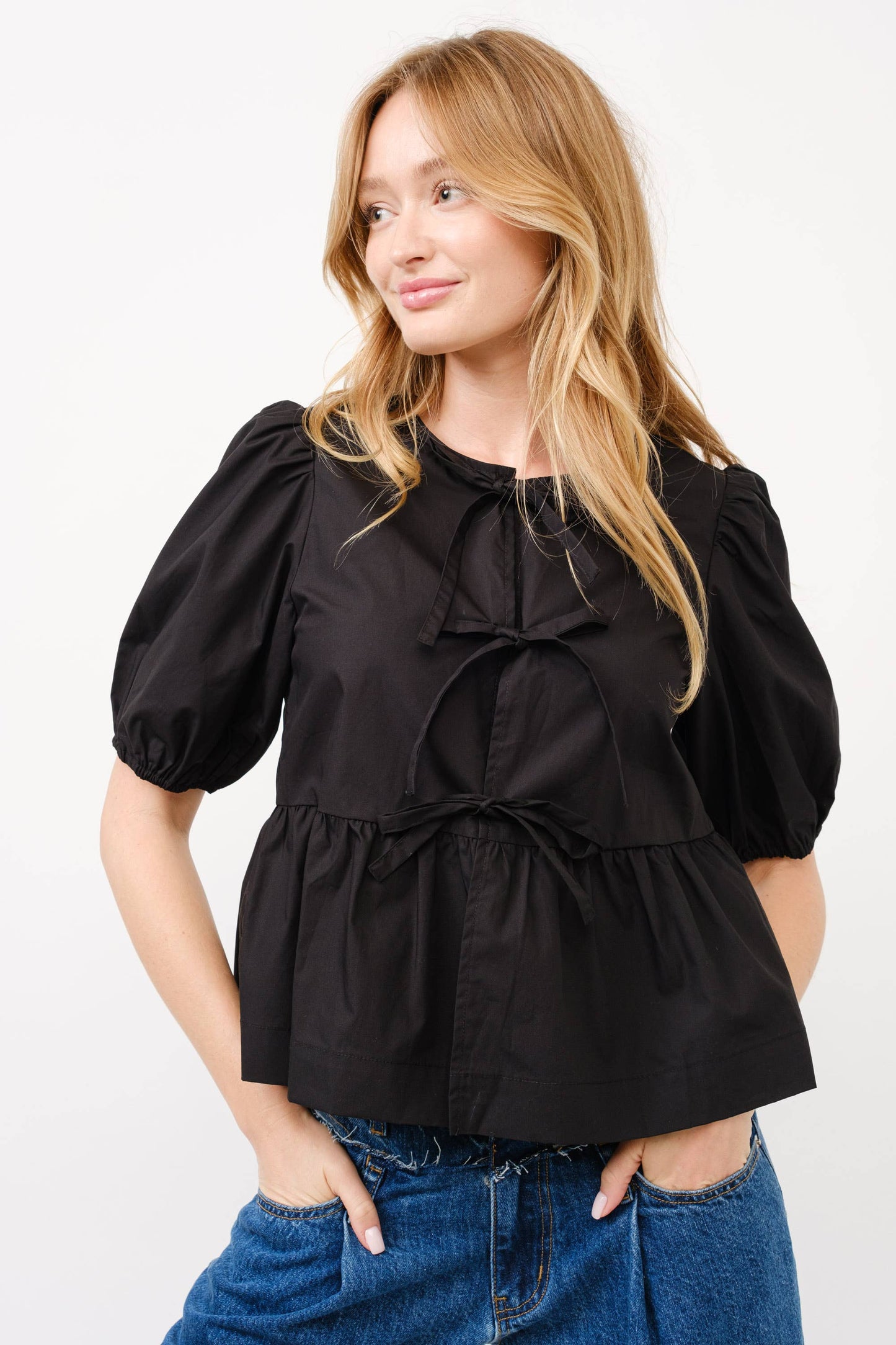 Aaron & Amber - POPLIN FRONT BOW TIE PEPLUM BLOUSE WITH PUFF SLEEV