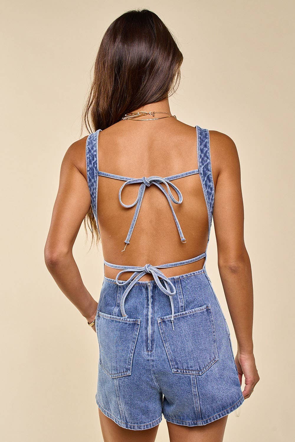 Blue Blush - IBR26533 OPEN BACK DOUBLE STRAP BACK DETAIL DENIM ROMPER